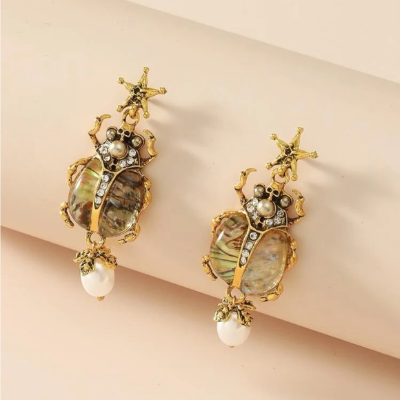 Abalone Pearl Beetle Dangle Earrings - Picture 8 of 8